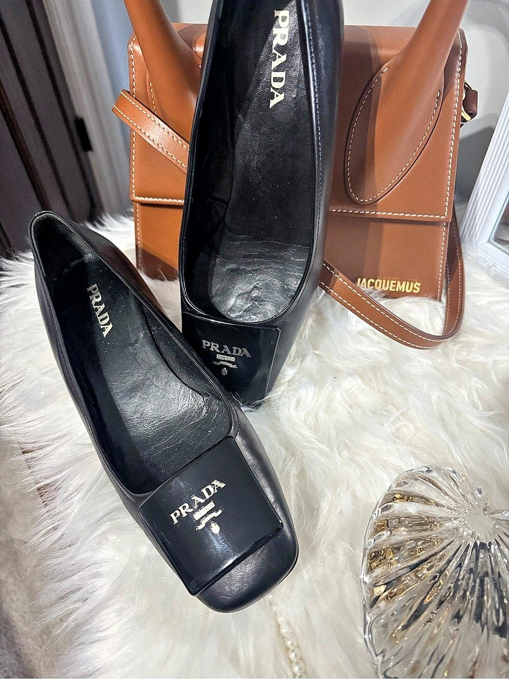 Prada Black Leather Square Toe Block Heel Pumps Black Square Toe Block Heel - Picture 2 of 6